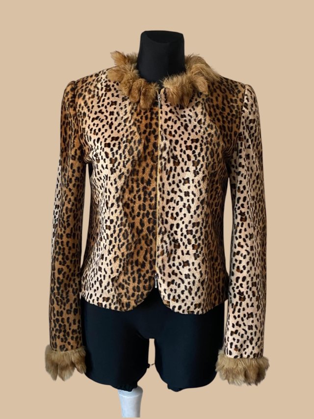 BONADEA kurtka blazer damska panterka z naturalnym futrem lis / królik – rozmiar 38