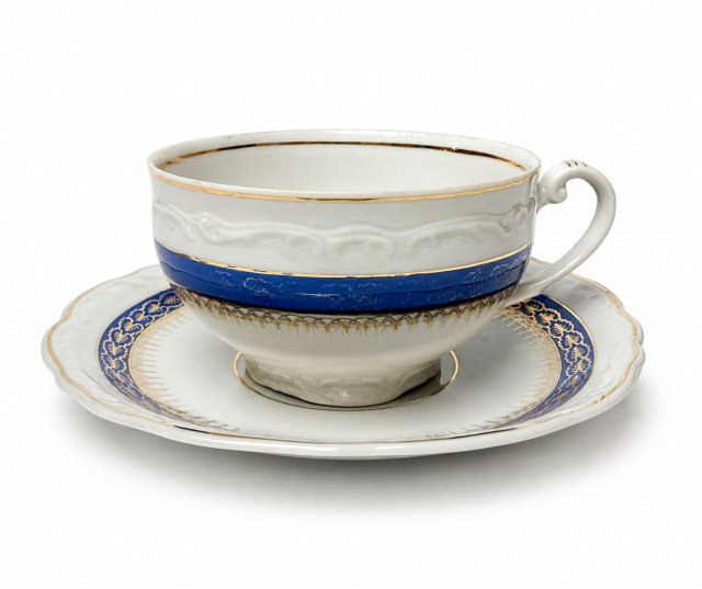 Filiżanka ze spodkiem Iris Cluj Rumunia lata 40-50 kobalt złocenia stara porcelana Vintage (1/2)