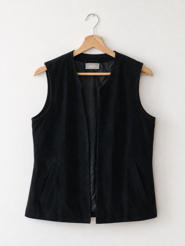 Czarna skórzana kamizelka bezrękawnik Wallis zamsz 40 L vintage