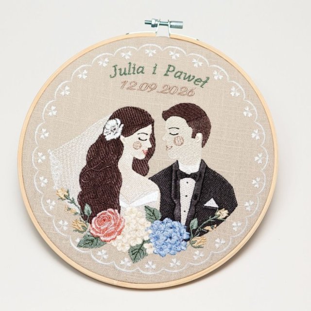 Haft ślubny w tamborku 20 cm, indywidualna pamiątka ślubna, rocznicowa 56