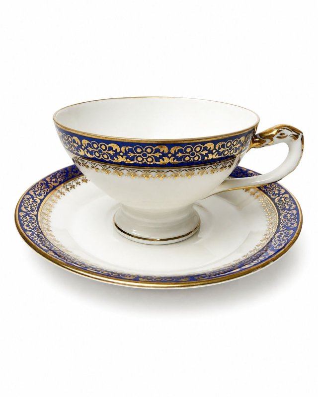 Filiżanka ze spodkiem Haas & Czjzek Bohemia 1900–1945 kobalt złocenia stara cienka porcelana (3/3)