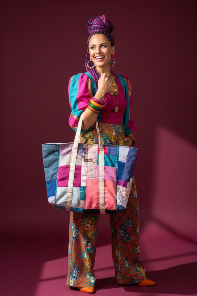 Shopperka no waste handmade patchwork unikatowa torba z resztek tkanin