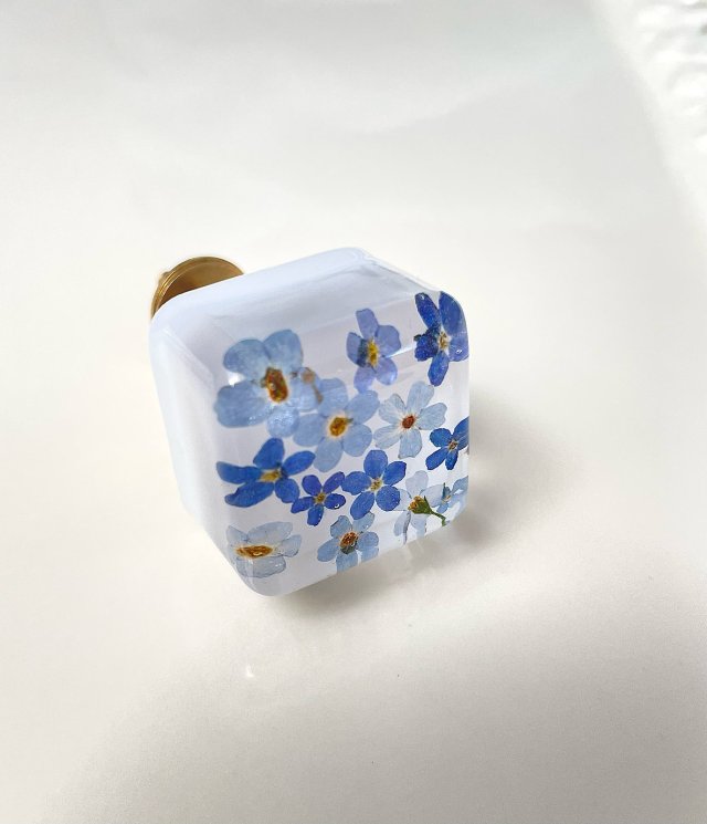 Gałka meblowa kwadracik NIEZAPOMINAJKA 25 mm - kwiaty w żywicy - Pralines White