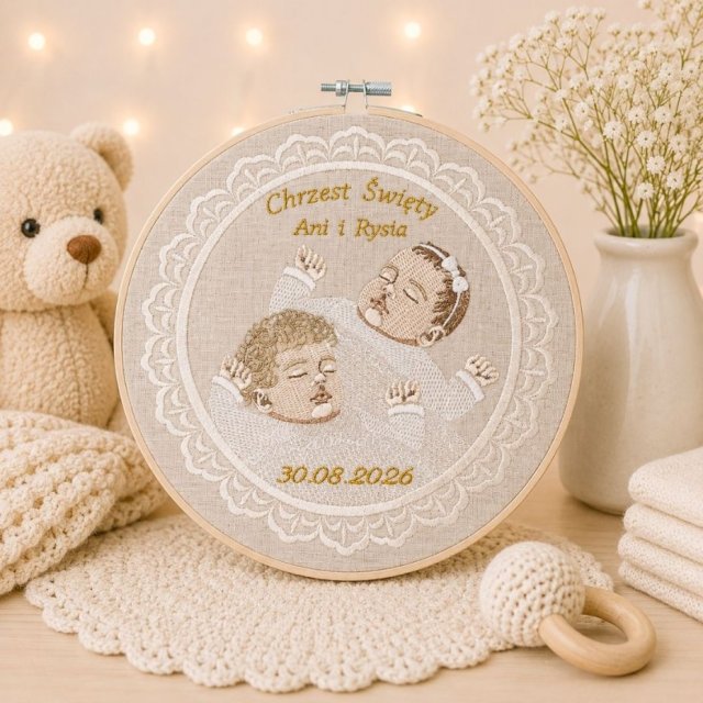 Haftowana personalizowana pamiątka chrztu,narodzin w oprawie 20 cm