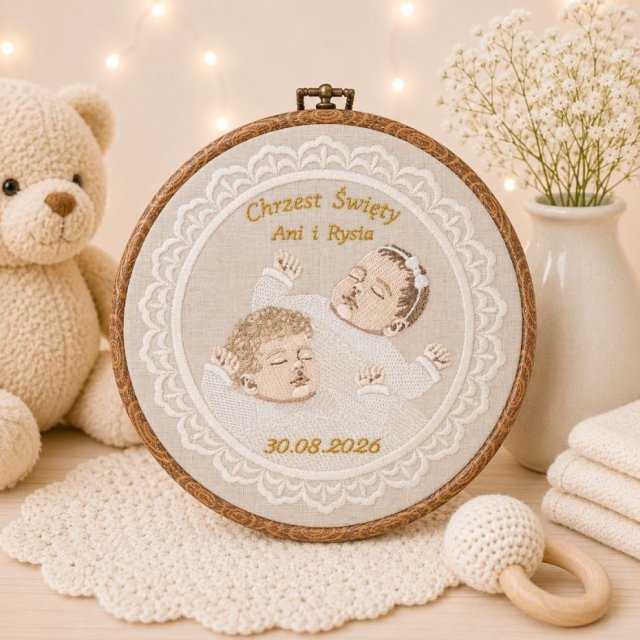 Haftowana personalizowana pamiątka chrztu,narodzin w oprawie 20 cm