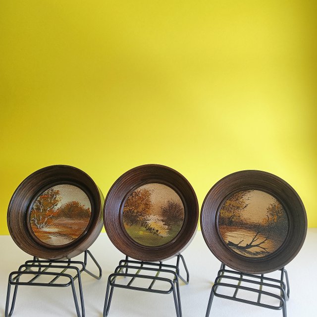 3 miniaturowe pejzaże olejne na płótnie (8 cm) Krystyna Berger - stan idealny