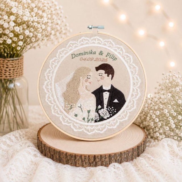 Personalizowana pamiątka ślubna, haft w tamborku