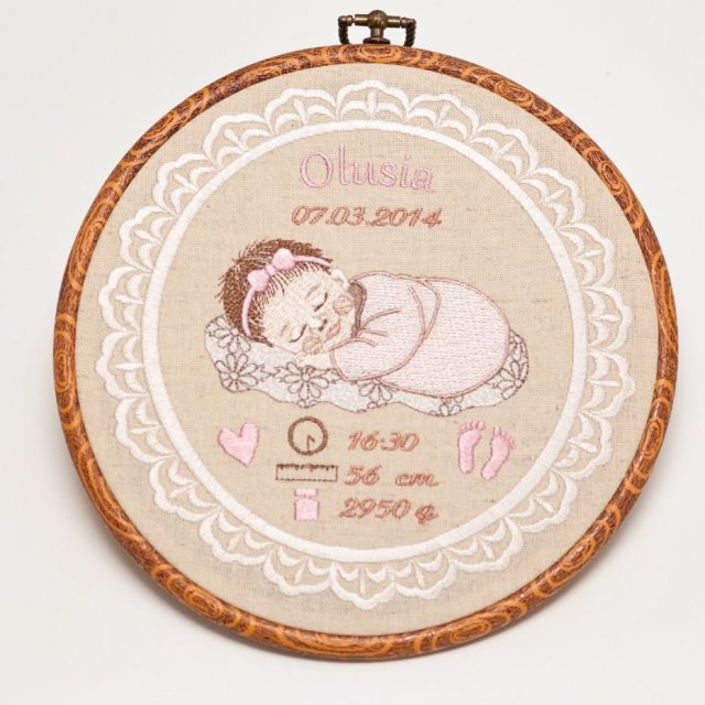 Haftowana personalizowana metryczka, pamiątka narodzin w oprawie 20 cm, 2