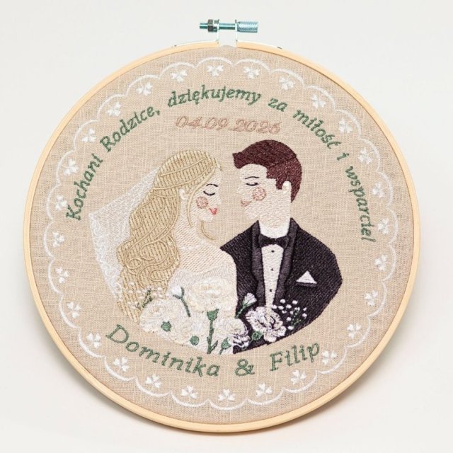 Haft ślubny w tamborku 20 cm, indywidualna pamiątka ślubna, podziękowania ślubne 60