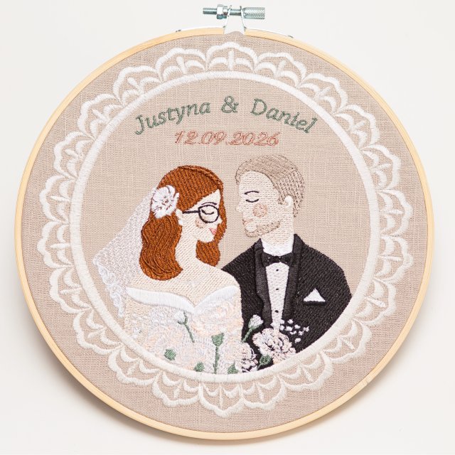 Haft ślubny w tamborku 20 cm, indywidualna pamiątka ślubna