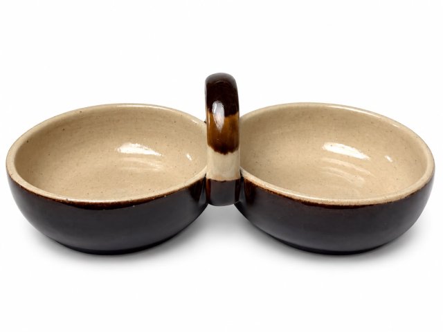Przyprawnik kabaret ceramiczny PRL podwójny brązowe szkliwo Vintage