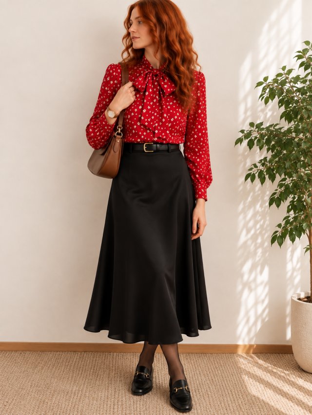 Czerwona bluzka vintage z kokardą kwiaty retro XS