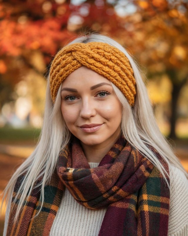 Musztardowa Opaska na Głowę Dziergana - Szeroka Opaska z Warkoczem Twist - Ręcznie Robiona Wełniana - Jesienny Pocałunek - Foxy Knit