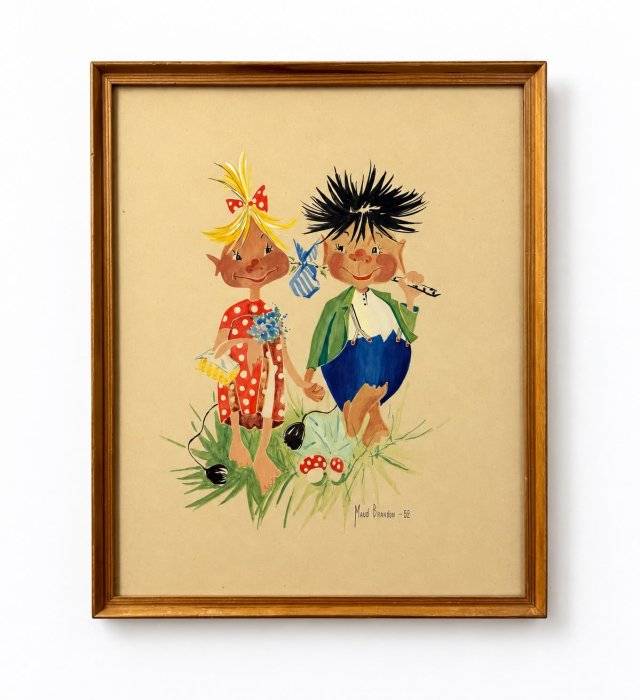 Ilustracja dziecięca 1952 r Maud D’Andin obraz sygnowany Mid Century Szwecja Vintage