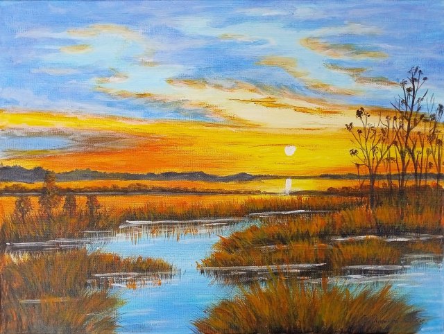 NASTROJOWY PEJZAŻ MALOWANY NA PŁÓTNIE - "ODBICIE W WODZIE PO ZACHODZIE" 30x40cm