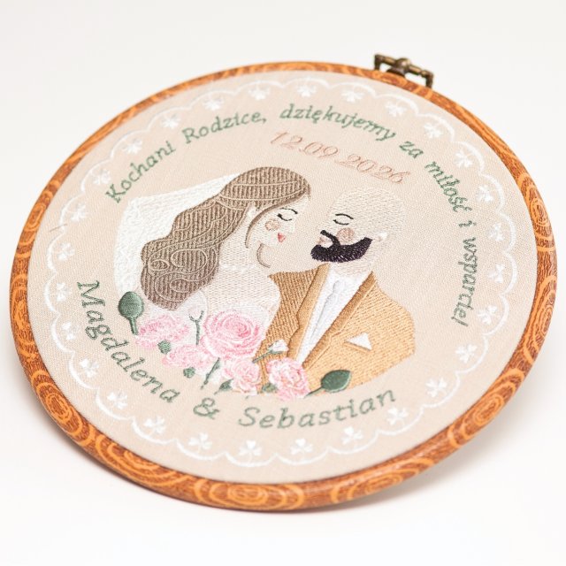 Haft ślubny w tamborku 20 cm, indywidualna pamiątka ślubna, podziękowania ślubne