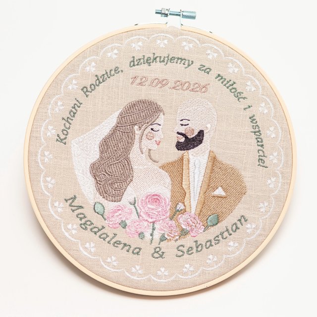 Haft ślubny w tamborku 20 cm, indywidualna pamiątka ślubna, podziękowania ślubne