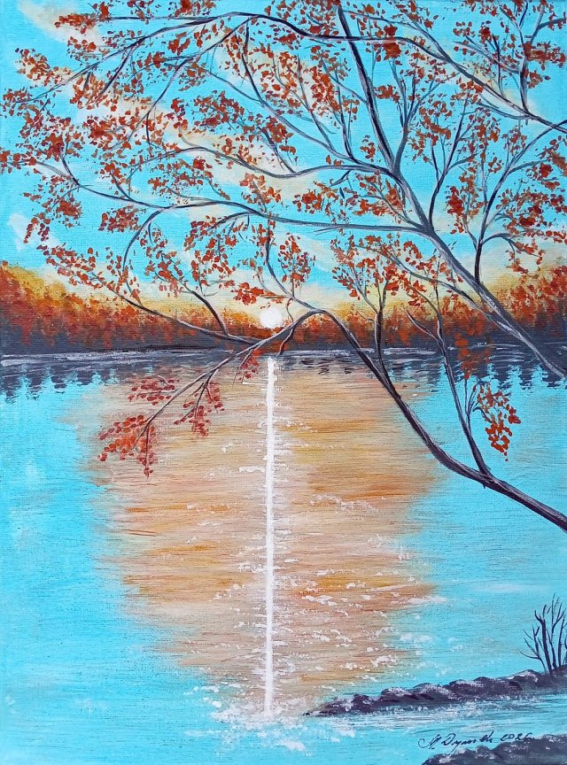 NASTROJOWY PEJZAŻ MALOWANY NA PŁÓTNIE - "ROMANTYCZNE REFLEKSY" 40x30cm