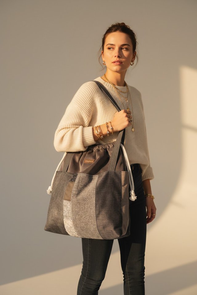 Duża szara torba z kominem z weluru patchwork