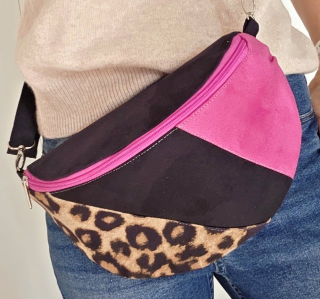 Nerka damska patchwork różowa, czarna i panterka cętki torebka na ramię