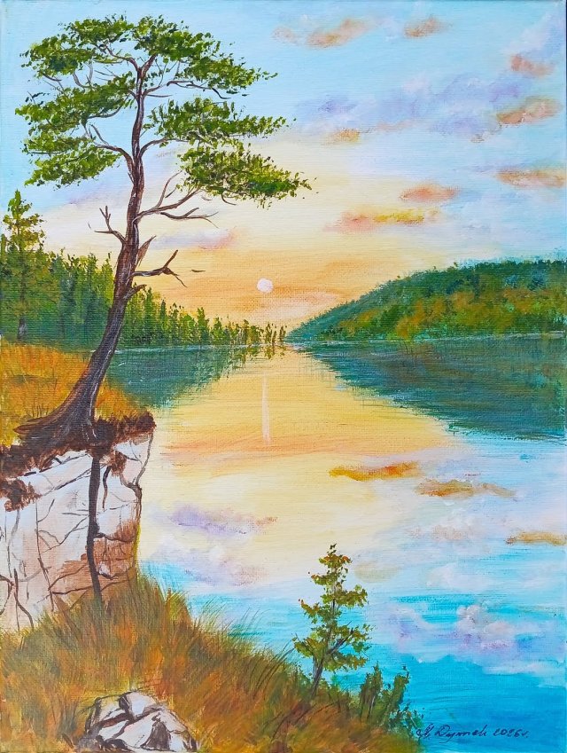 KLIMATYCZNY PEJZAŻ MALOWANY NA PŁÓTNIE - "CICHY ZMIERZCH" 40x30cm