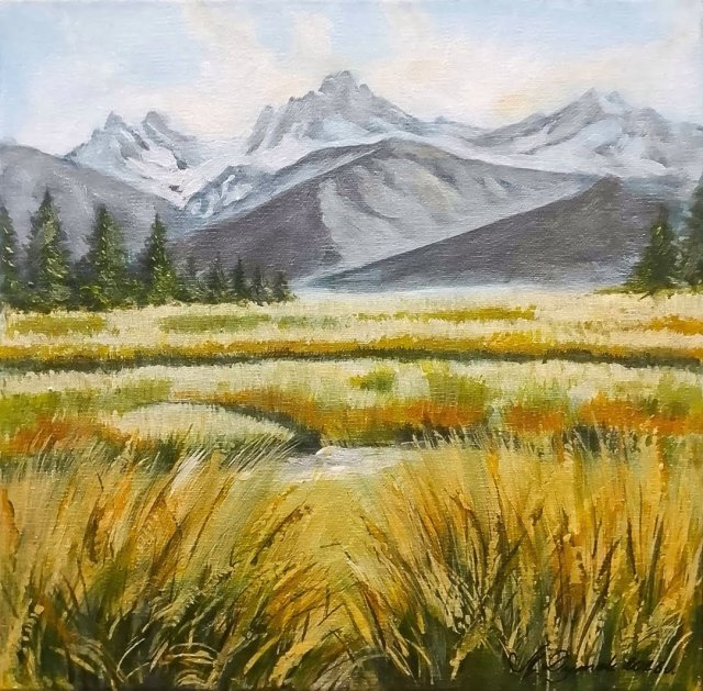 NASTROJOWY PEJZAŻ MALOWANY NA PŁÓTNIE - "ECHO GÓR" 30x30cm