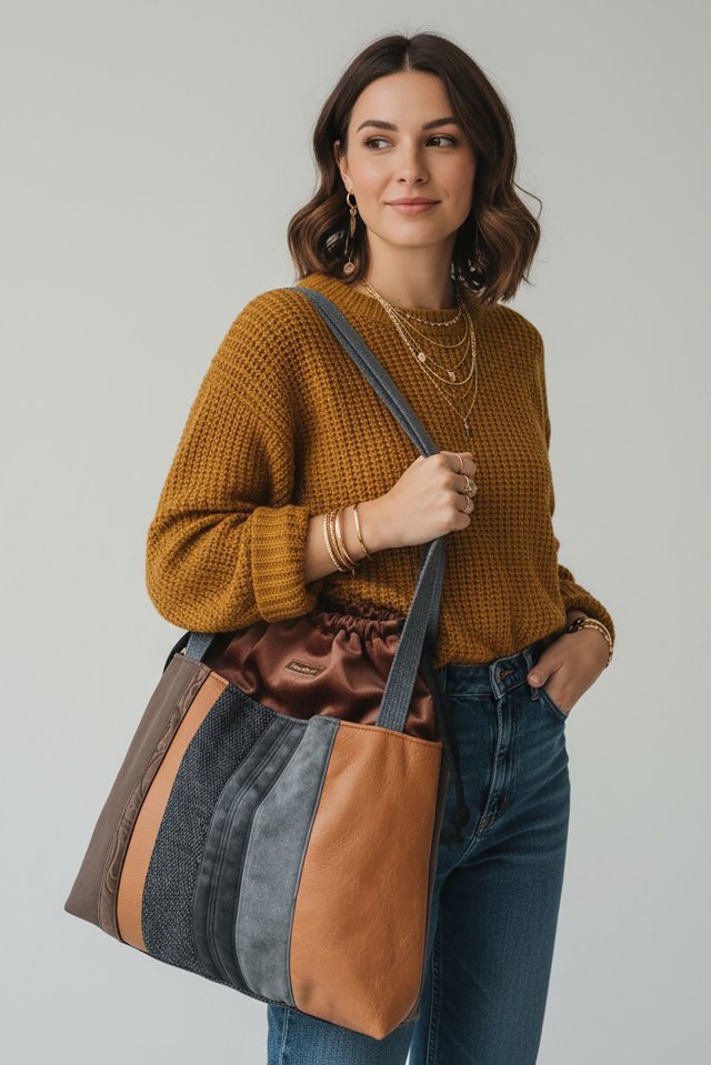 Szaro-brązowa duża torba z kominem patchwork