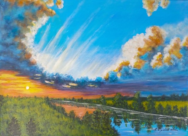 ZACHWYCAJĄCY PEJZAŻ MALOWANY NA PŁÓTNIE - "SPEKTAKL NATURY" 30x40cm
