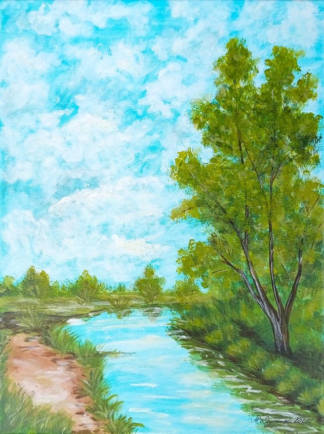 SPOKOJNY PEJZAŻ MALOWANY NA PŁÓTNIE - "KOJĄCY KADR" 40x30cm