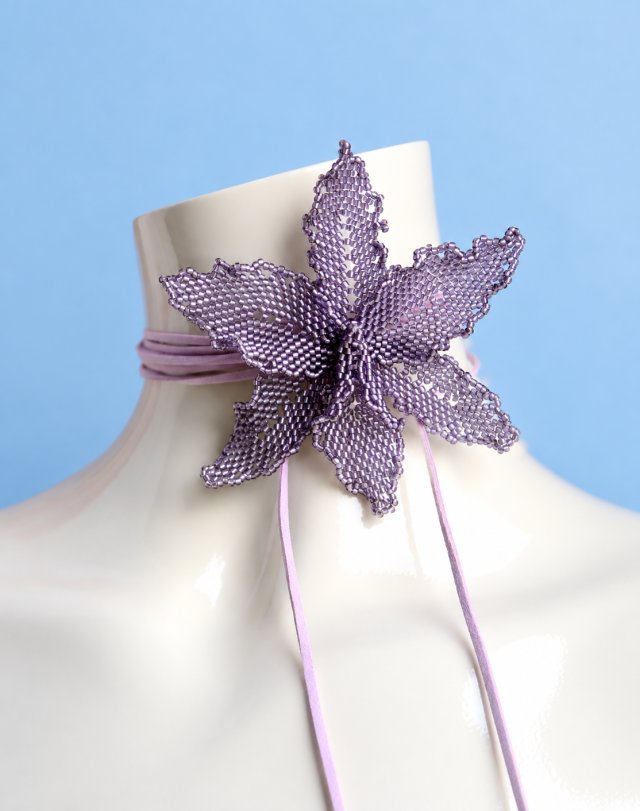 Fioletowa orchidea naszyjnik choker z koralików