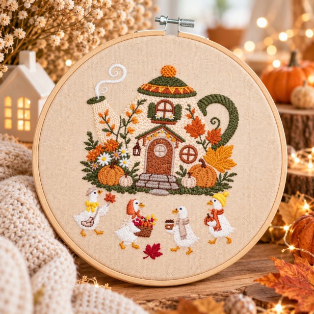 Jesienne gąski,haft w tamborku ok 20 cm średnicy