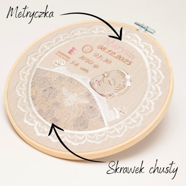 Haftowana metryczka z wszytym skrawkiem chusty,pamiątka narodzin 20 cm