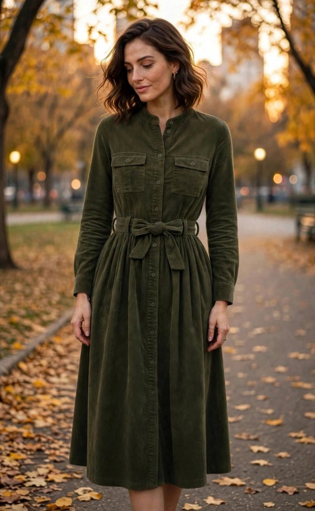 Emerald Green Corduroy Midi Dress | Handmade Old Money Autumn Shirt Dress