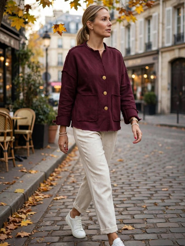 Handmade Burgundy Cotton Shirt-Jacket | Old Money Style Boxy Blouse with Gold Buttons