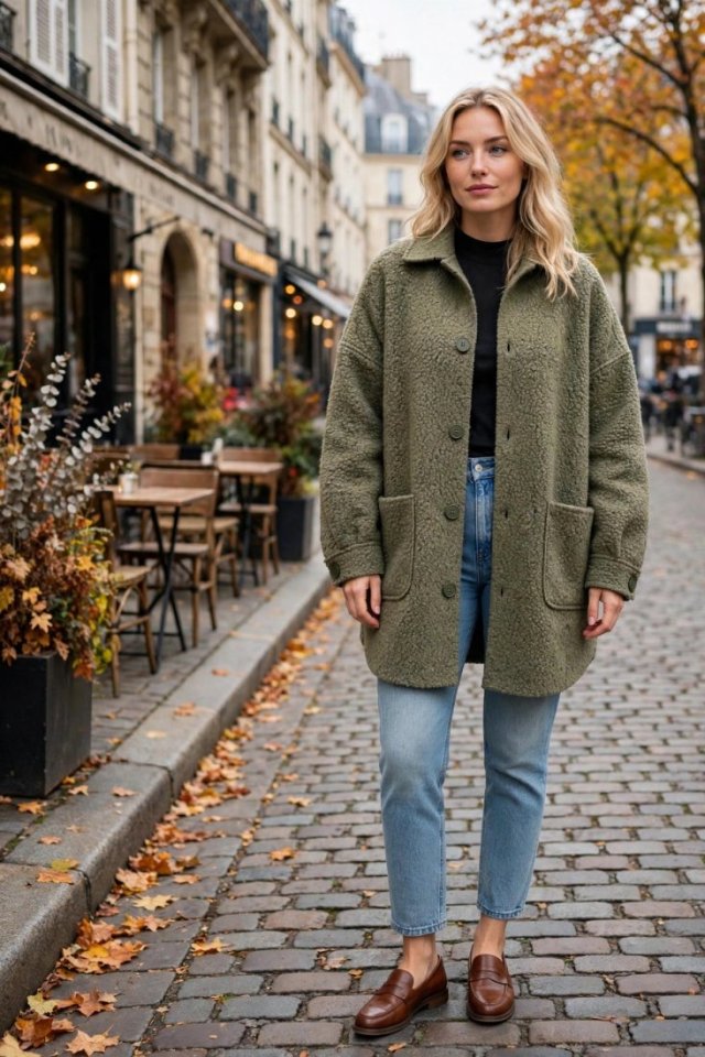 Sage Bouclé Overshirt • Artisan Handmade Sherpa Car Coat • Cozy Warm Autumn Jacket