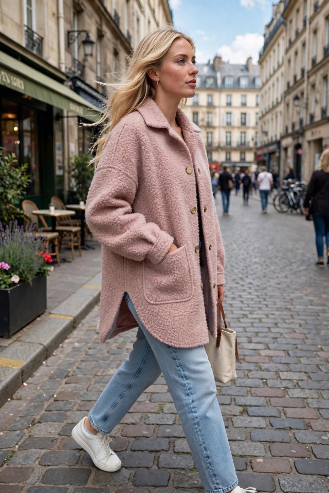 Handmade Dusty Pink Bouclé Jacket | Cozy Oversized Teddy Shacket Autumn Car Coat