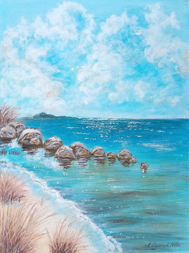 SPOKOJNY PEJZAŻ MALOWANY NA PŁÓTNIE - "BŁĘKITNE CHWILE" 40x30cm