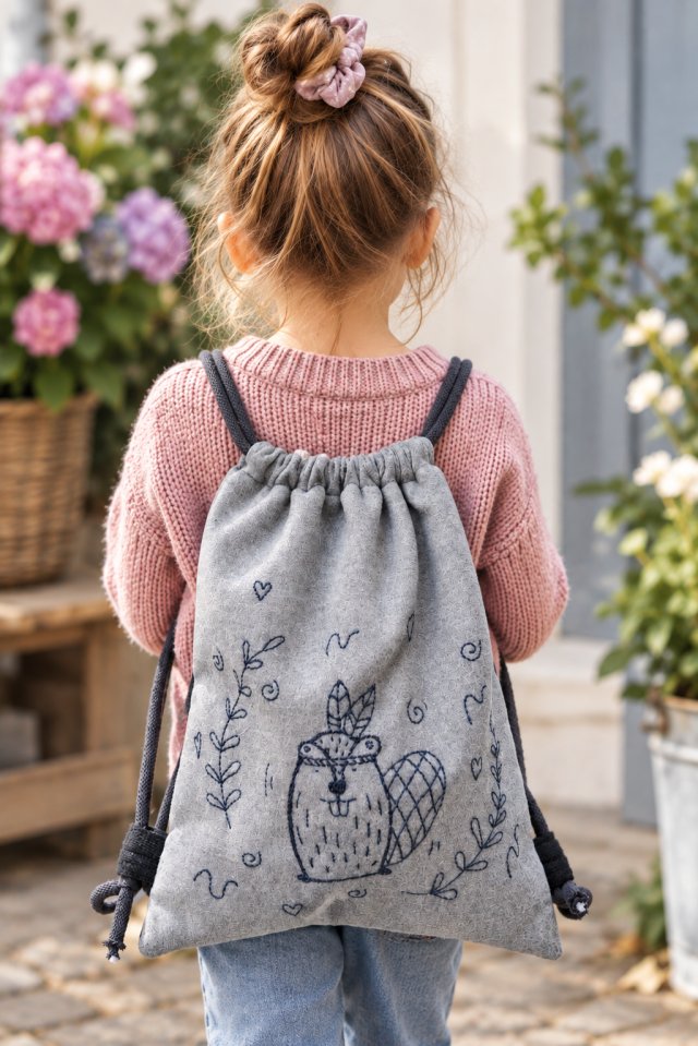 Plecaczek worek dla dziecka z ręcznym haftem – szary, handmade