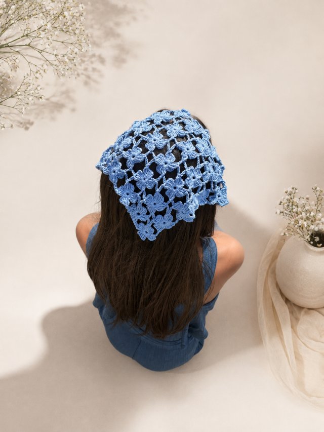 Bandana szydełkowa, chusta na głowę boho niebieska kwiatkowy wzór
