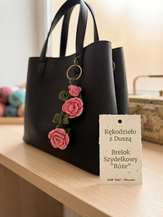 Brelok szydełkowy do kluczy torebki różany róże kwiaty handmade