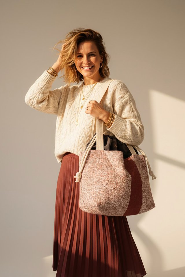 Duża torba z kominem XL – szary welur i ruda plecionka | Handmade