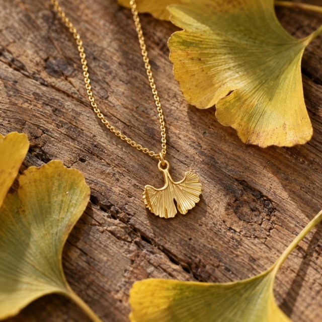 GINKGO- naszyjnik z liściem miłorzębu srebro 925 złocone 24K