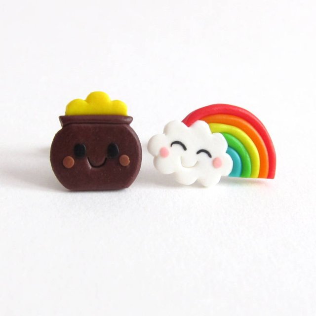 Śmieszne kolczyki Kawaii Garniec Złota i Tęcza