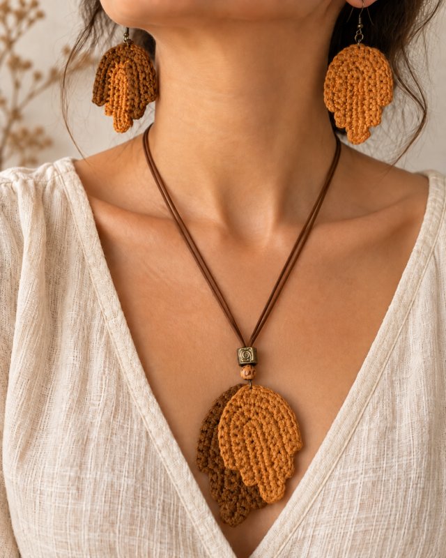 Komplet biżuterii boho handmade, szydełkowy naszyjnik i kolczyki, naturalna bawełna, prezent dla kobiety