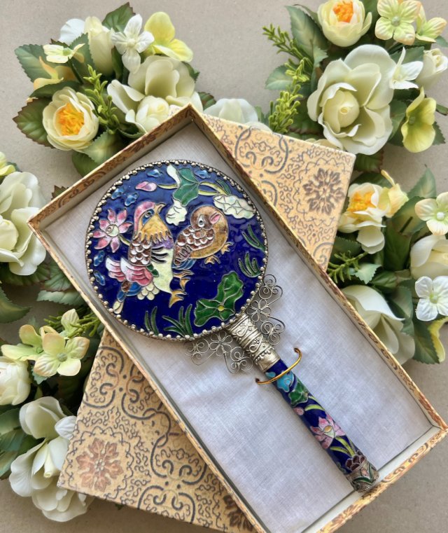 Exquisite Vintage Cloisonné Hand Mirror ❤ Bird & Floral Filigree Artistry ❤ lustro