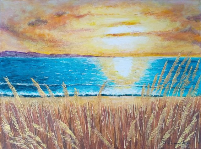 NASTROJOWY PEJZAŻ MALOWANY NA PŁÓTNIE - "ZŁOTAWY ZMIERZCH" 30x40cm