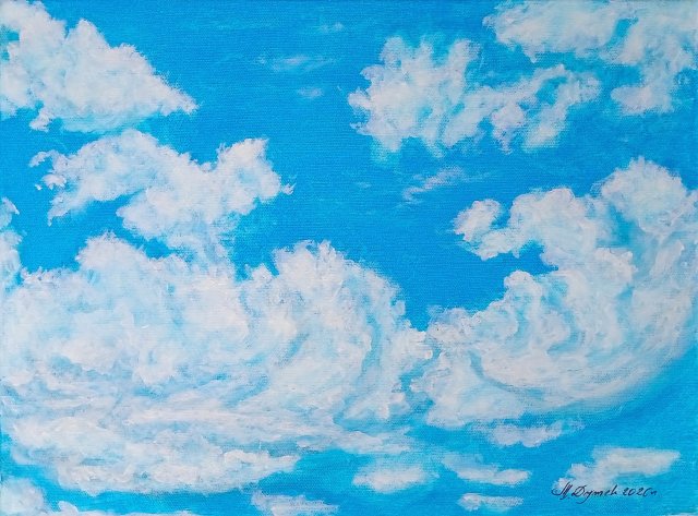 INTRYGUJĄCY PEJZAŻ MALOWANY NA PŁÓTNIE - "CZYSTY BŁĘKIT" 30x40cm
