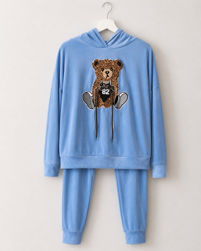Dres komplet z misiem miękki 36 S 38/M niebieski ala welur bluza kaptur spodnie dresowe