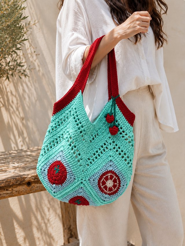 Miętowa torba szydełkowa z pomidorkami 37 × 35 cm