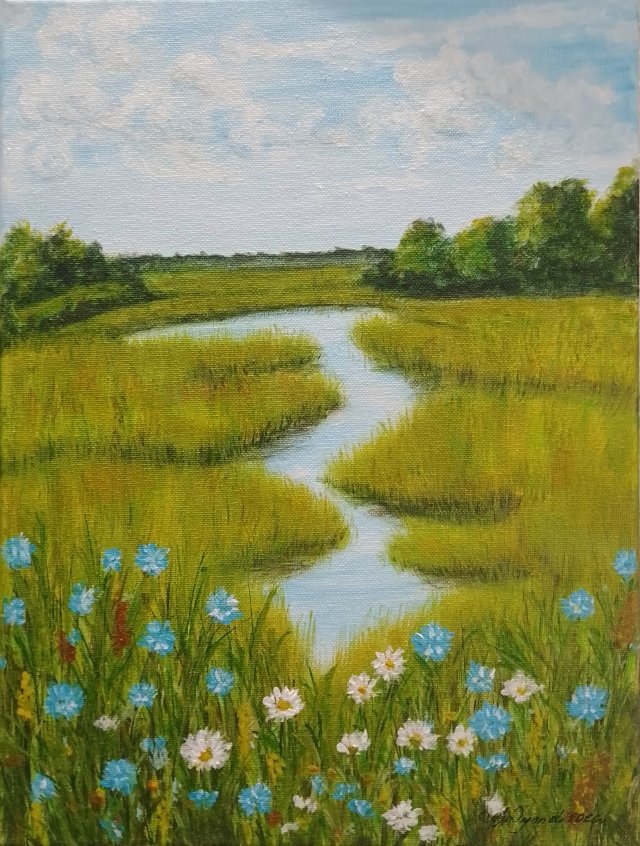 POETYCKI PEJZAŻ MALOWANY NA PŁÓTNIE - "POLNĄ ŁĄKĄ" 40x30cm